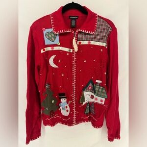 Vintage Christmas Embroidered & Beaded Red  Zip Up Sweater Cardigan Size S
